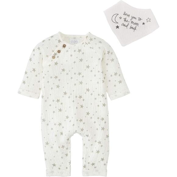 Mud Pie White & Gray Star Gauze Romper & Bandana Bib Outfit Set Size 3-6 Months - Picture 1 of 4